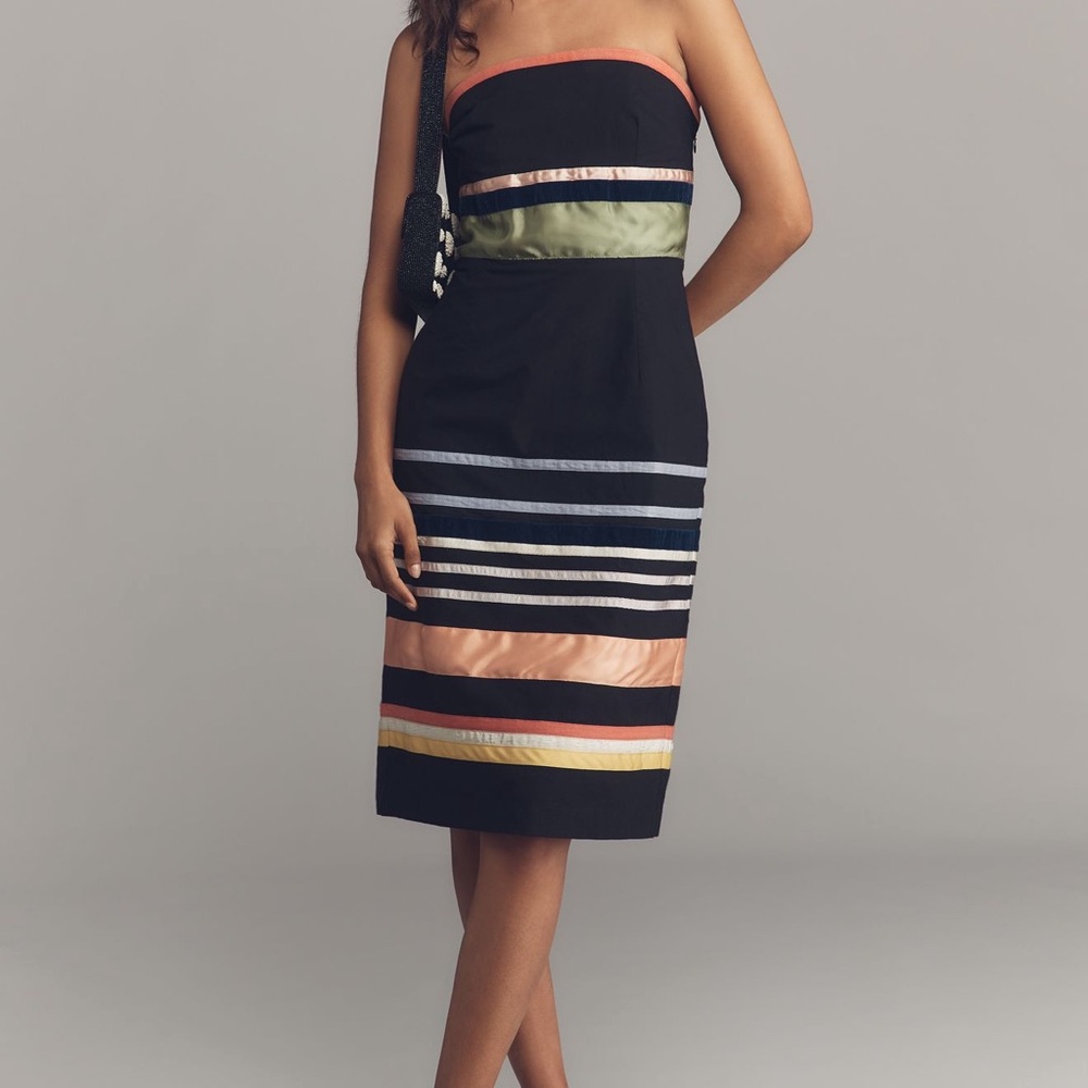 Anthropologie Strapless Dress with Black and Multicolor Stripes
